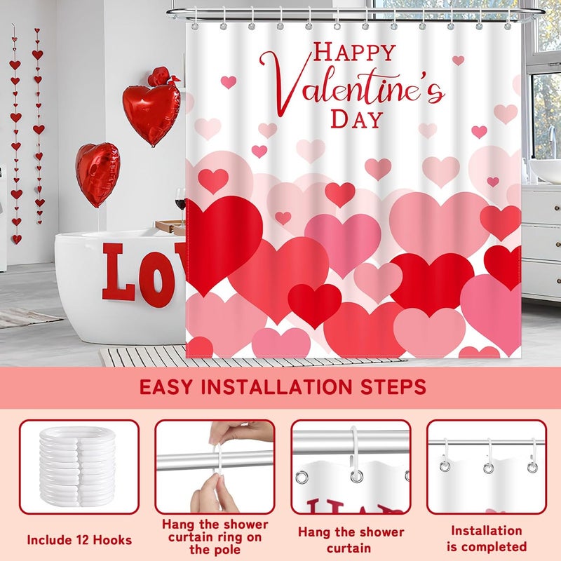 BOARDFEB Valentine's Day Shower Curtain, 72 X 72 Inches Heart Valentine Shower Curtain Romantic Red Hearts Bathroom Decor with Hooks Set Polyester Fabric Bathroom Bathtubs Decor - Image 5